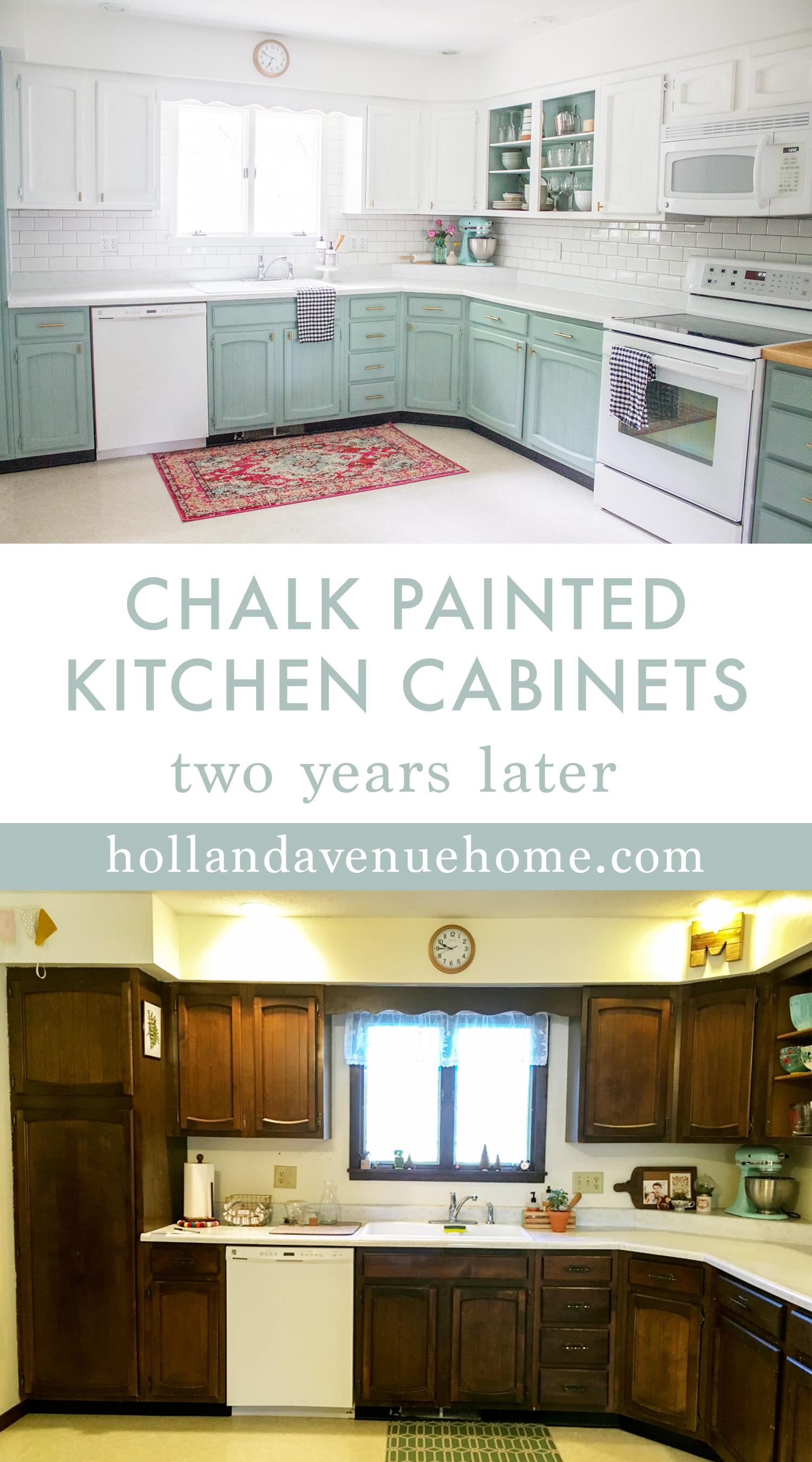 chalk painted kitchen cabinets two years later